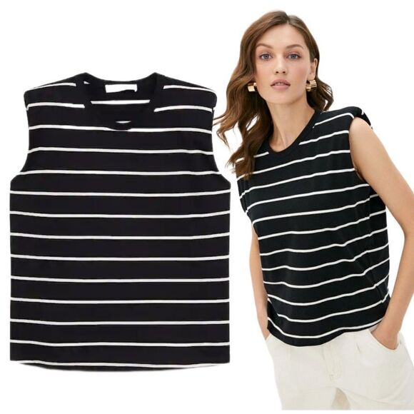 Mango Sleeveless Striped Top Shoulder Pads New - Picture 1 of 7
